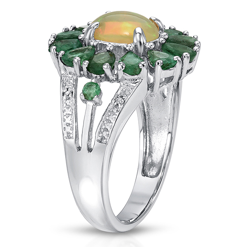 2.52 Carat Genuine Ethiopian Opal, Emerald and White Diamond .925 Sterling Silver Ring