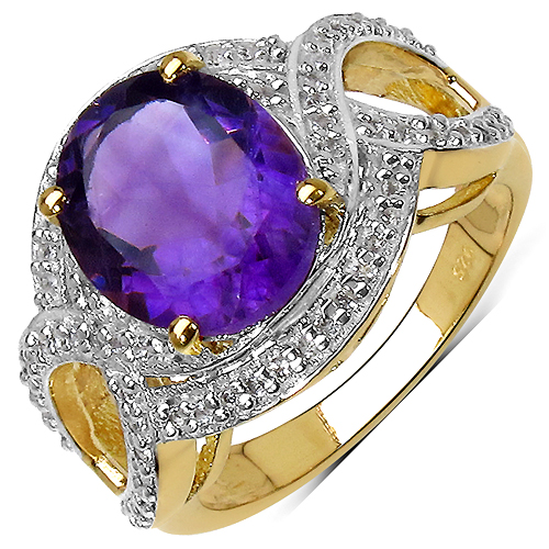 Amethyst-14K Yellow Gold Plated 3.51 Carat Genuine Amethyst & White Topaz .925 Sterling Silver Ring