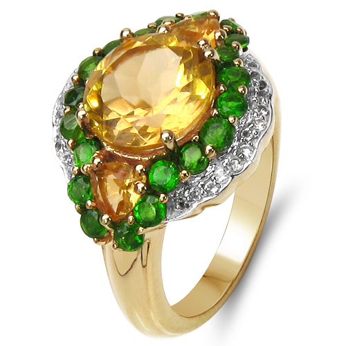 Citrine-14K Yellow Gold Plated 4.13 Carat Genuine Golden Citrine, Chrome Diopside & White Topaz .925 Sterling Silver Ring