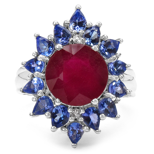 6.20 Carat Genuine Glass Filled Ruby, Tanzanite & White Topaz .925 Sterling Silver Ring