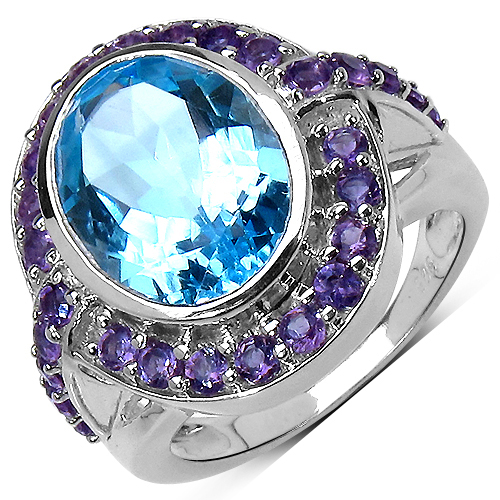 Rings-8.34 Carat Genuine Blue Topaz and Amethyst .925 Sterling Silver Ring
