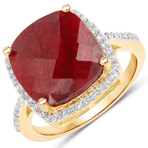 Ruby-14K Yellow Gold Plated 8.86 Carat Dyed Ruby and White Topaz .925 Sterling Silver Ring