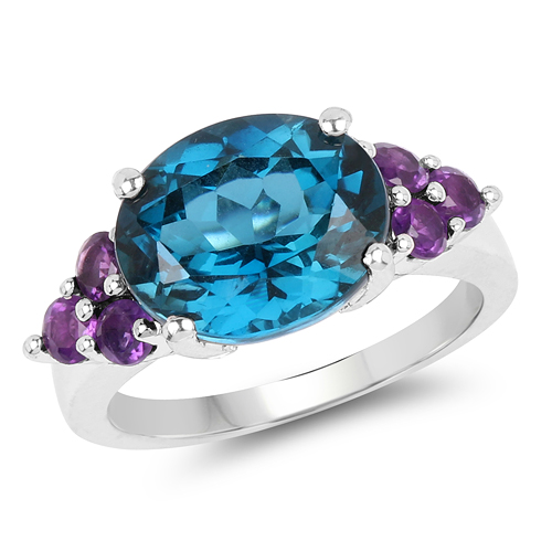 Rings-6.60 Carat Genuine London Blue Topaz & Amethyst .925 Sterling Silver Ring
