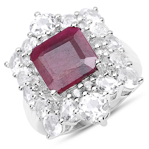 Ruby-10.78 Carat Dyed Ruby and White Topaz .925 Sterling Silver Ring