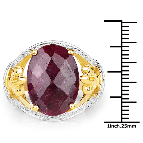 14K Yellow Gold Plated 12.15 Carat Dyed Ruby .925 Sterling Silver Ring