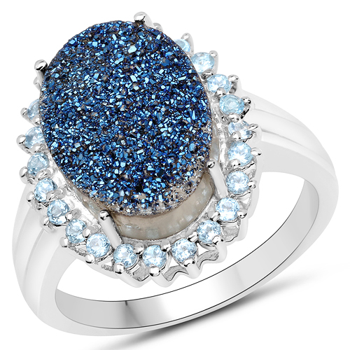 Rings-3.68 Carat Genuine Drusy Quartz and Swiss Blue Topaz .925 Sterling Silver Ring