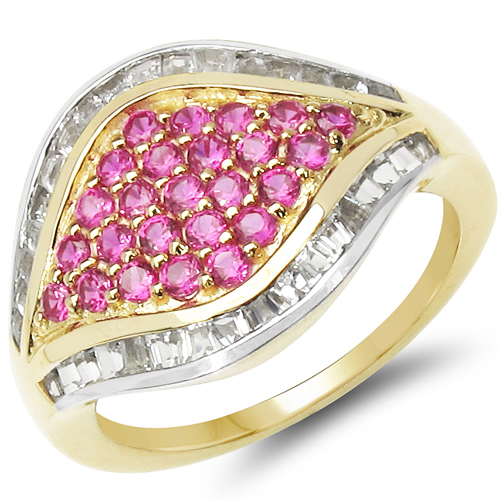 14K Yellow Gold Plated 1.77 Carat Created Ruby  & White Topaz .925 Sterling Silver Ring