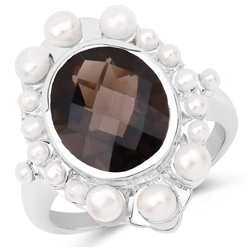 Rings-5.75 Carat Genuine Smoky Quartz and Pearl .925 Sterling Silver Ring