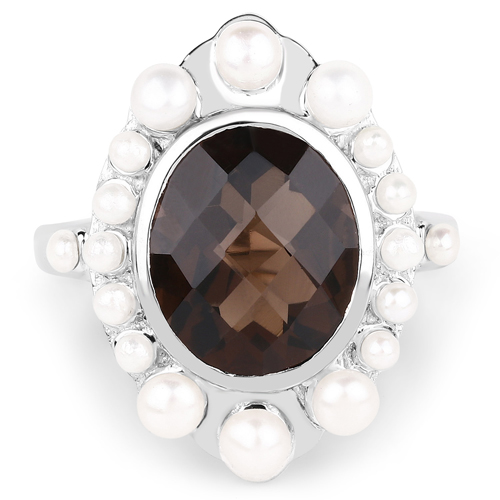 5.75 Carat Genuine Smoky Quartz and Pearl .925 Sterling Silver Ring