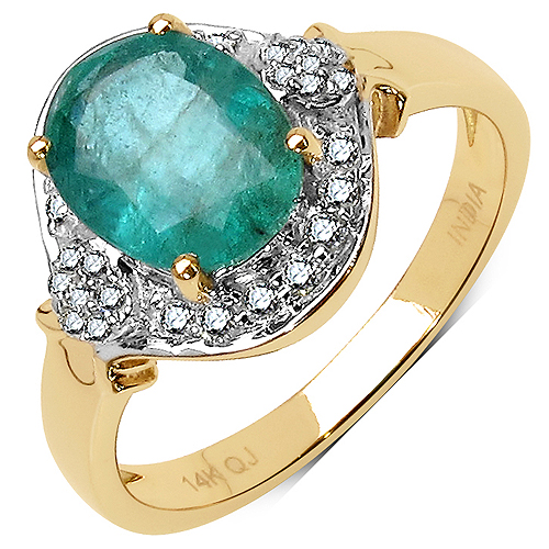 Emerald-1.87 Carat Genuine Zambian Emerald and White Diamond 14K Yellow Gold Ring
