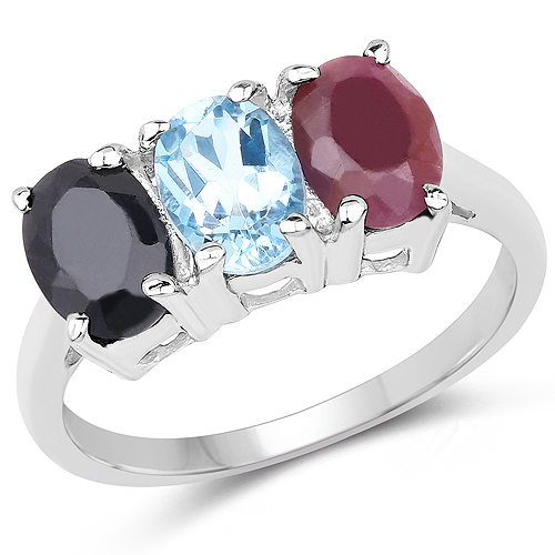 Rings-2.90 Carat Genuine Blue Topaz, Black Sapphire & Ruby .925 Sterling Silver Ring