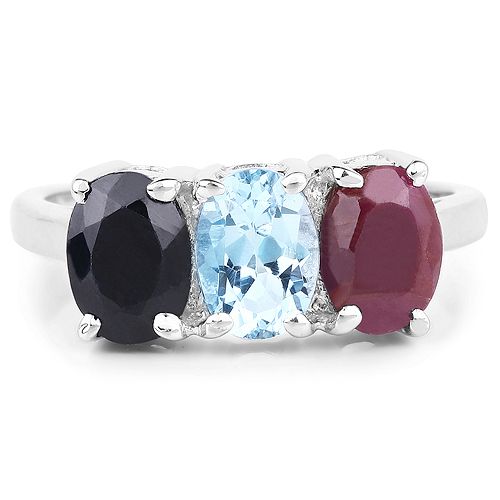 2.90 Carat Genuine Blue Topaz, Black Sapphire & Ruby .925 Sterling Silver Ring