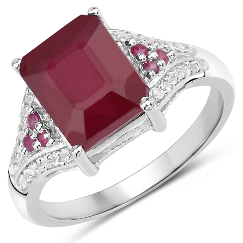 Ruby-4.49 Carat Glass Filled Ruby and White Topaz .925 Sterling Silver Ring