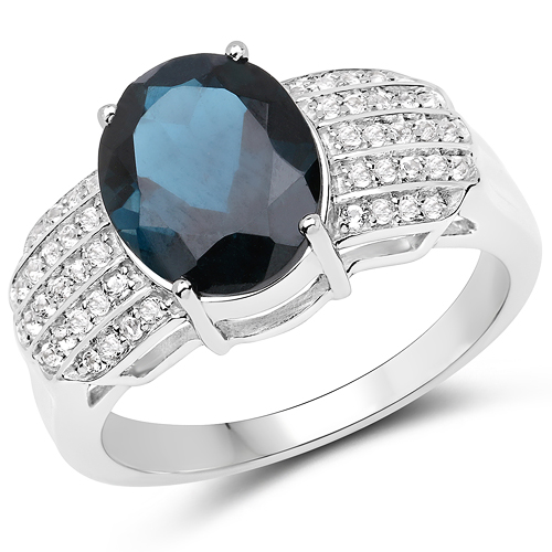 Rings-4.48 Carat Genuine London Blue Topaz and White Topaz .925 Sterling Silver Ring