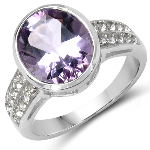 Amethyst-3.50 Carat Genuine Amethyst and White Topaz .925 Sterling Silver Ring