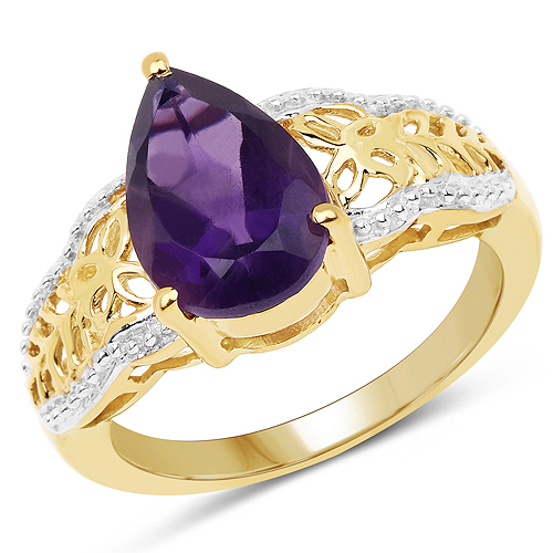 Amethyst-14K Yellow Gold Plated 2.50 Carat Genuine Amethyst .925 Sterling Silver Ring