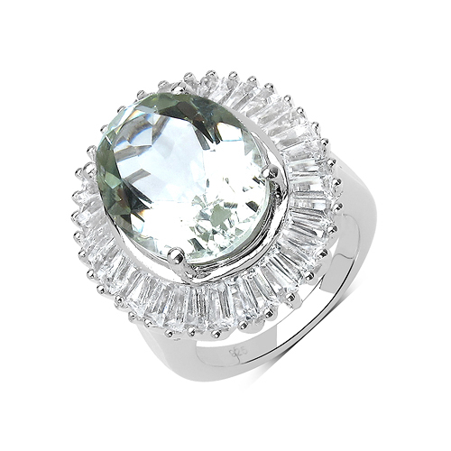 Amethyst-11.14 Carat Genuine Green Amethyst and White Topaz .925 Sterling Silver Ring