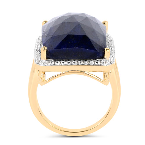 18K Yellow Gold Plated 25.41 Carat Dyed Sapphire and White Topaz .925 Sterling Silver Ring