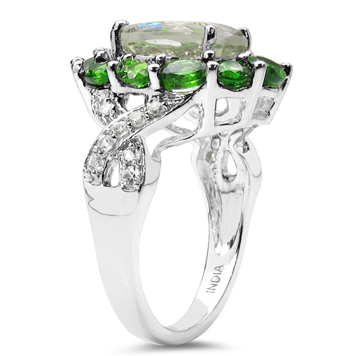 5.48 Carat Genuine Green Amethyst, Chrome Diopside & White Topaz .925 Sterling Silver Ring