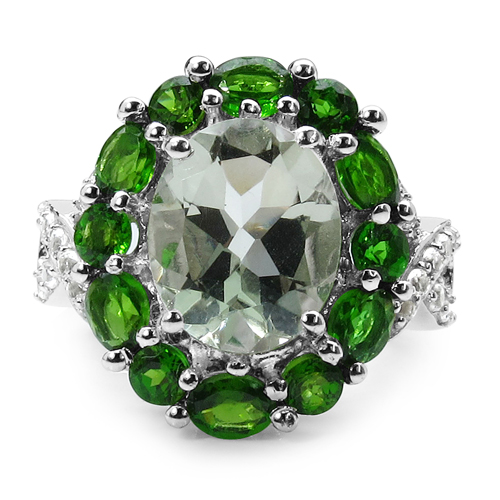 5.48 Carat Genuine Green Amethyst, Chrome Diopside & White Topaz .925 Sterling Silver Ring