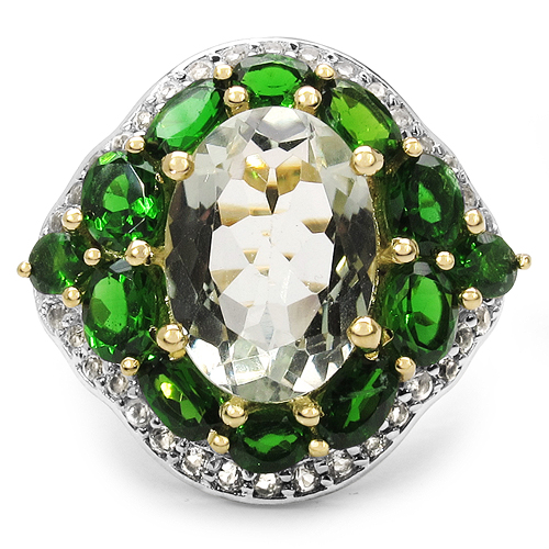 18K Yellow Gold Plated 8.98 Carat Genuine Green Amethyst, Chrome Diopside & White Topaz .925 Sterling Silver Ring