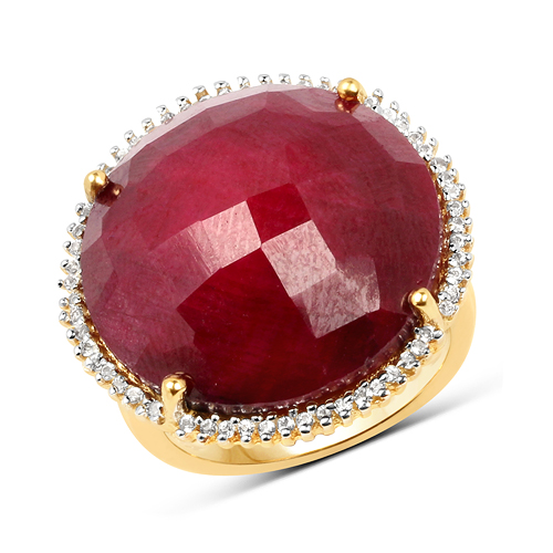 Ruby-14K Yellow Gold Plated 22.20 Carat Dyed Ruby and White Topaz .925 Sterling Silver Ring