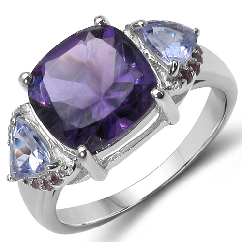 Amethyst-4.62 Carat Genuine Amethyst, Tanzanite & Rhodolite .925 Sterling Silver Ring