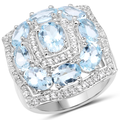 Rings-4.07 Carat Genuine Aquamarine and White Topaz .925 Sterling Silver Ring