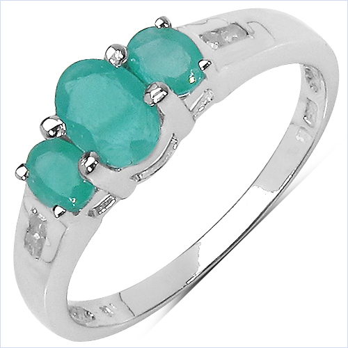 Emerald-0.78 Carat Genuine Emerald and White Diamond .925 Sterling Silver Ring