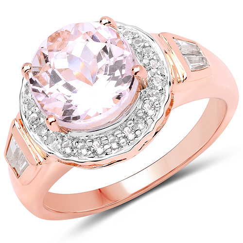 Rings-14K Rose Gold Plated 4.20 Carat Genuine Kunzite and White Topaz .925 Sterling Silver Ring