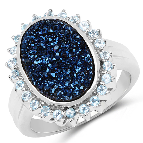 Rings-3.68 Carat Genuine Cobalt Blue Drusy & Swiss Blue Topaz .925 Sterling Silver Ring
