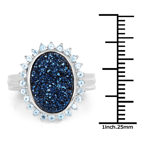 3.68 Carat Genuine Cobalt Blue Drusy & Swiss Blue Topaz .925 Sterling Silver Ring