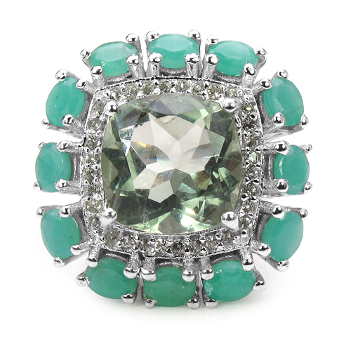 7.29 Carat Genuine Green Amethyst, Emerald & White Topaz .925 Sterling Silver Ring