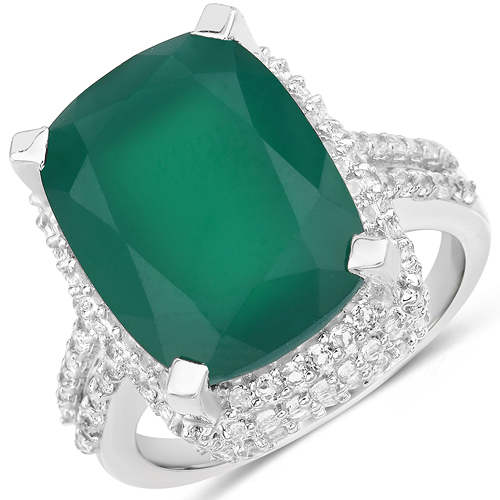 Rings-10.86 Carat Genuine Green Onyx and White Topaz .925 Sterling Silver Ring