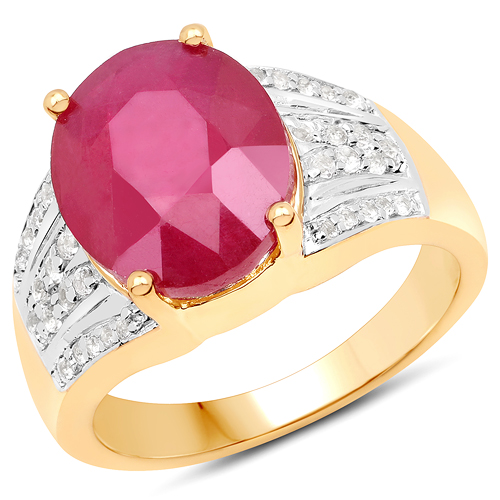 Ruby-14K Yellow Gold Plated 5.49 Carat Glass Filled Ruby and White Topaz .925 Sterling Silver Ring
