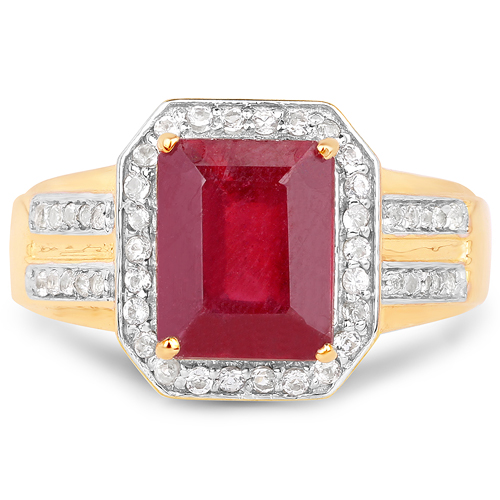 14K Yellow Gold Plated 4.61 Carat Glass Filled Ruby and White Topaz .925 Sterling Silver Ring