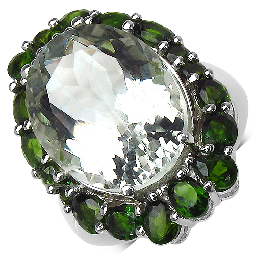 Amethyst-12.81 Carat Genuine Green Amethyst and Chrome Diopside .925 Sterling Silver Ring