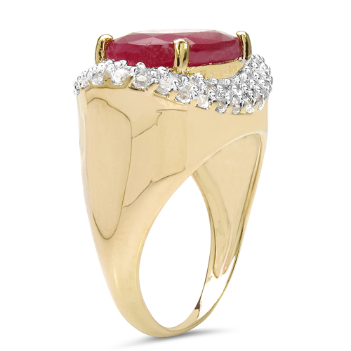 14K Yellow Gold Plated 8.73 Carat Genuine Glass Filled Ruby & White Topaz .925 Sterling Silver Ring