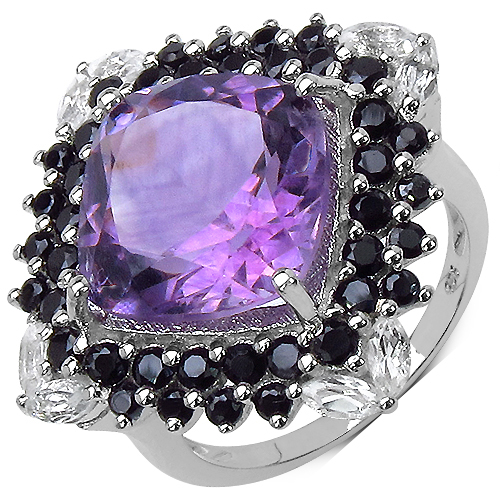 Amethyst-8.82 Carat Genuine Amethyst, White Topaz and Black Spinel .925 Sterling Silver Ring