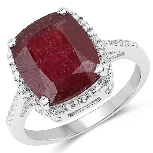 Ruby-6.74 Carat Glass Filled Ruby and White Topaz .925 Sterling Silver Ring Ring