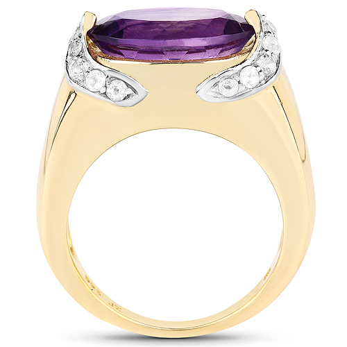14K Yellow Gold Plated 4.98 Carat Genuine Amethyst and White Topaz .925 Sterling Silver Ring