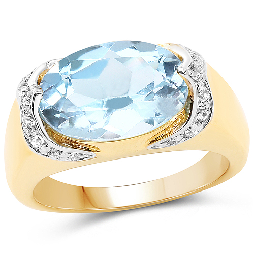 Rings-14K Yellow Gold Plated 6.56 Carat Genuine Blue Topaz and White Topaz .925 Sterling Silver Ring