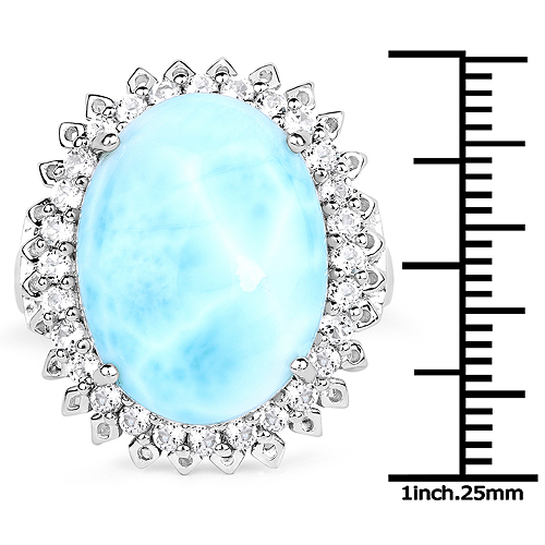 17.62 Carat Genuine Larimar and White Topaz .925 Sterling Silver Ring