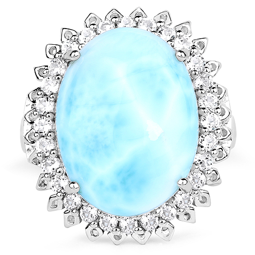 17.62 Carat Genuine Larimar and White Topaz .925 Sterling Silver Ring