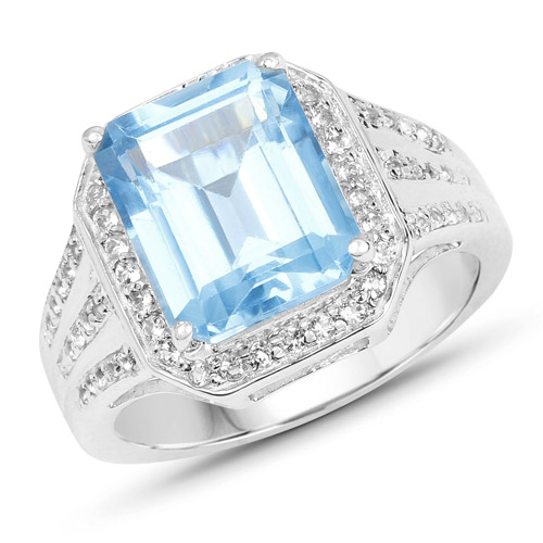 Rings-5.97 Carat Genuine Swiss Blue Topaz and White Topaz .925 Sterling Silver Ring