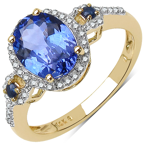 Tanzanite-2.17 Carat Genuine Tanzanite, Blue Sapphire & White Diamond 10K Yellow Gold Ring