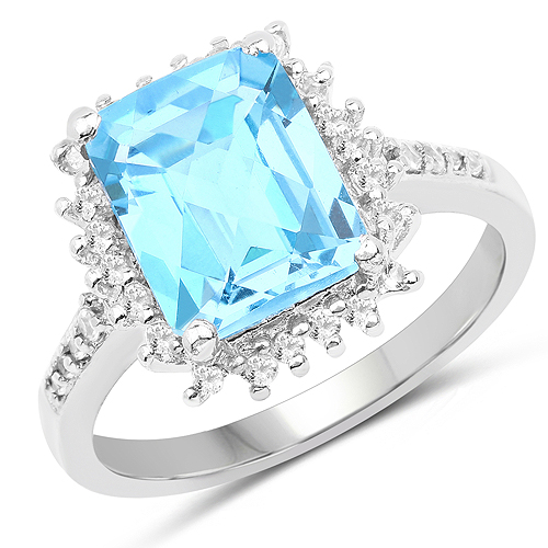 Rings-4.30 Carat Genuine Swiss Blue Topaz and White Topaz .925 Sterling Silver Ring