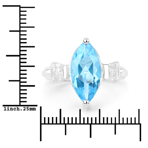 3.35 Carat Genuine Swiss Blue Topaz and White Topaz .925 Sterling Silver Ring