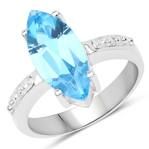 Rings-3.66 Carat Genuine Swiss Blue Topaz & White Diamond .925 Sterling Silver Ring