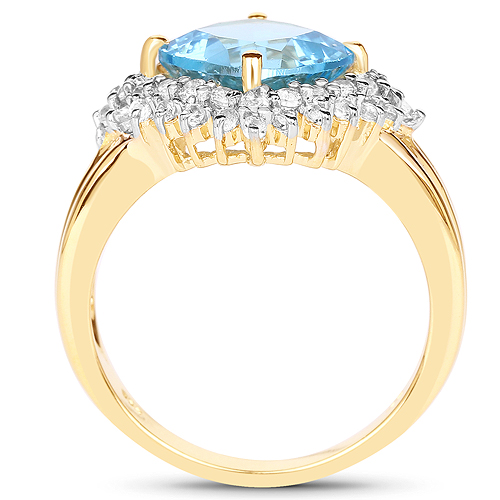 14K Yellow Gold Plated 4.33 Carat Genuine Swiss Blue Topaz and White Topaz .925 Sterling Silver Ring